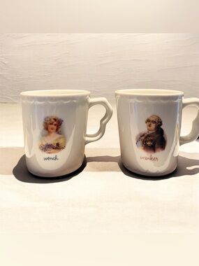 Fishs Eddy All in the Family Stoneware Mug Set Wrench & Wanker White